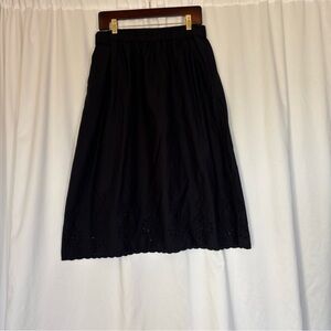 LOFT Women's MP Black Skirt Midi Scalloped Hem Eyelets Pockets Boho Cottagecore